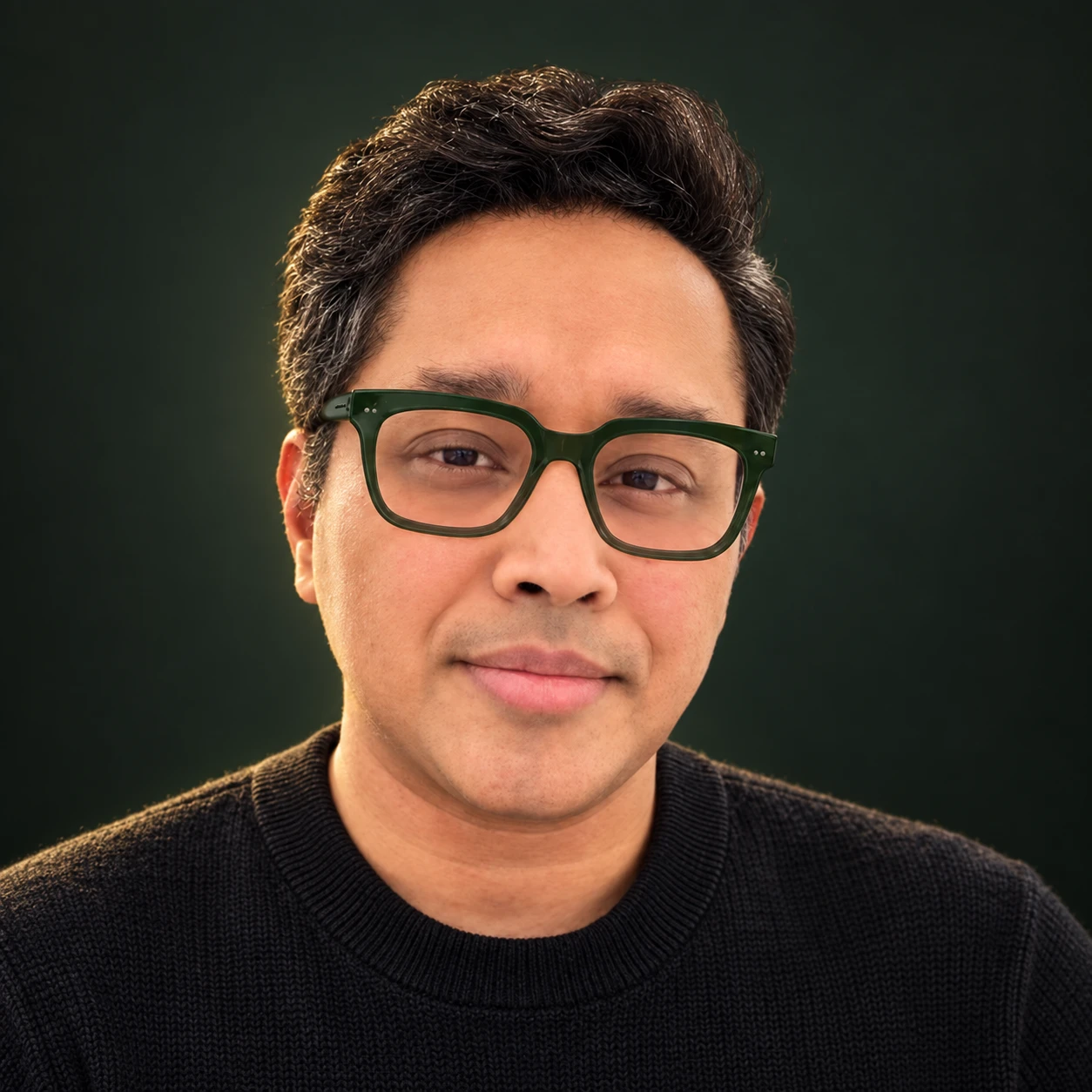An AI-stylized portrait of Shashan Pande wearing green glasses and a dark sweater